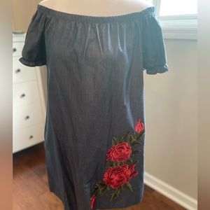 Off Shoulder Boutique Chambray Embroidered Dress. Brand New. Size Medium.